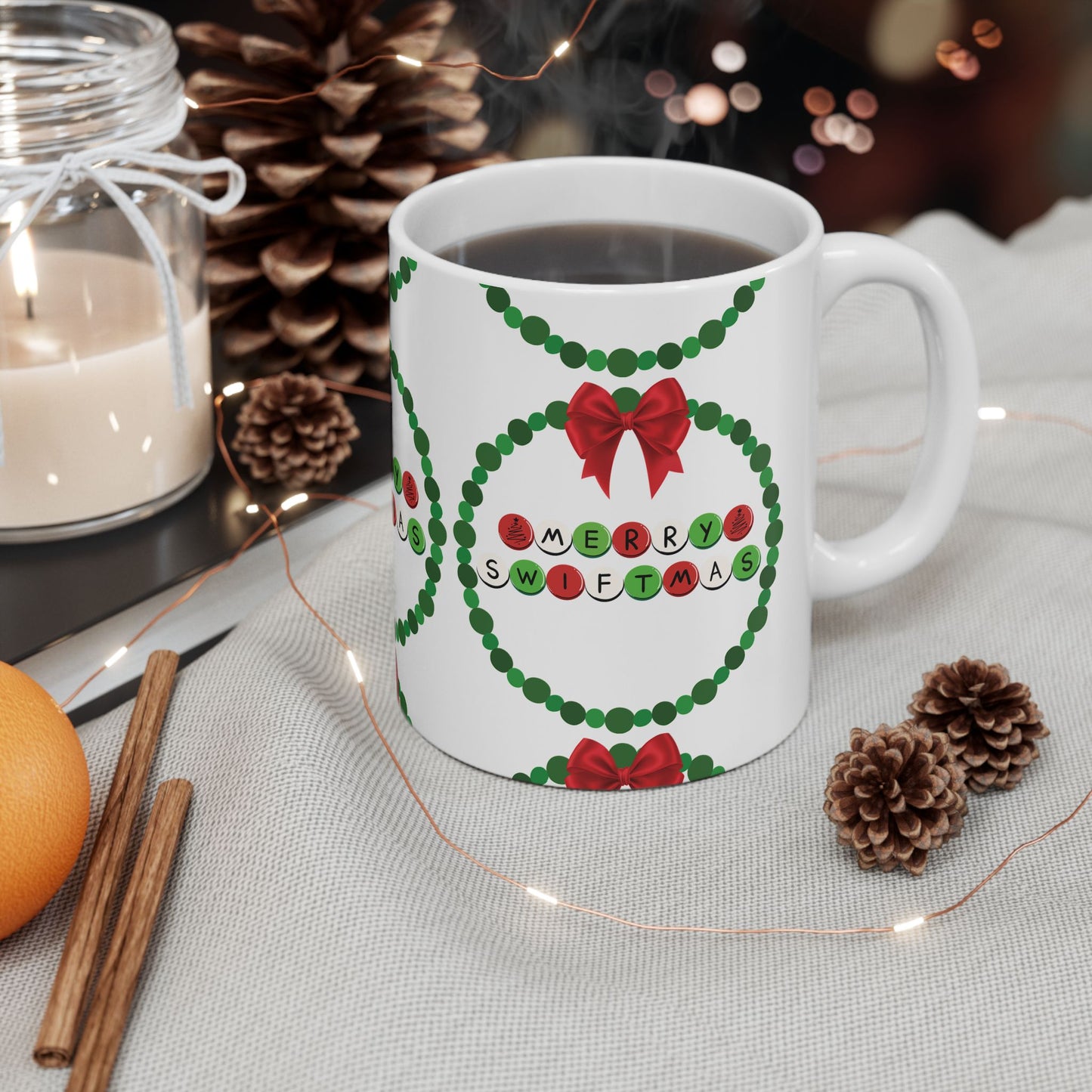Merry Swiftmas - Friendship Bracelet Wreath - Ceramic Mug, (11oz, 15oz)