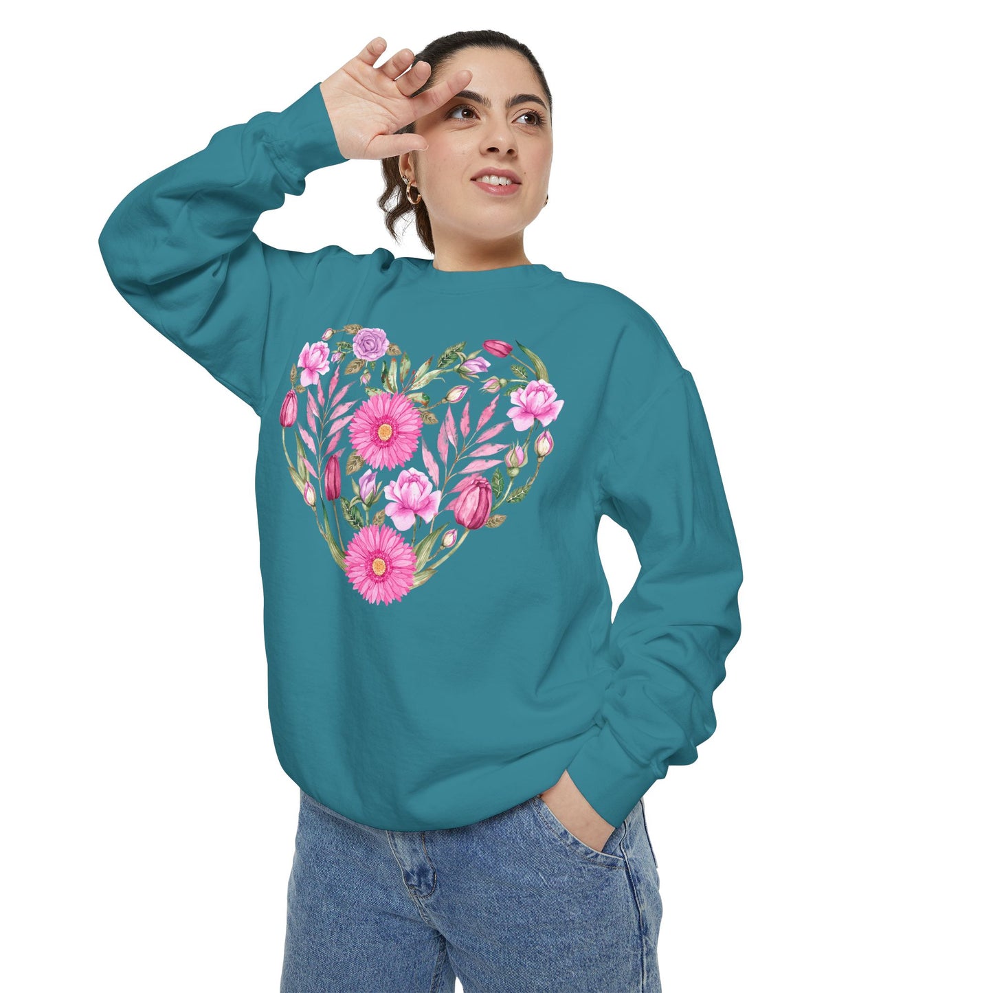 Pink Flowers Heart - Comfort Colors Sweatshirt