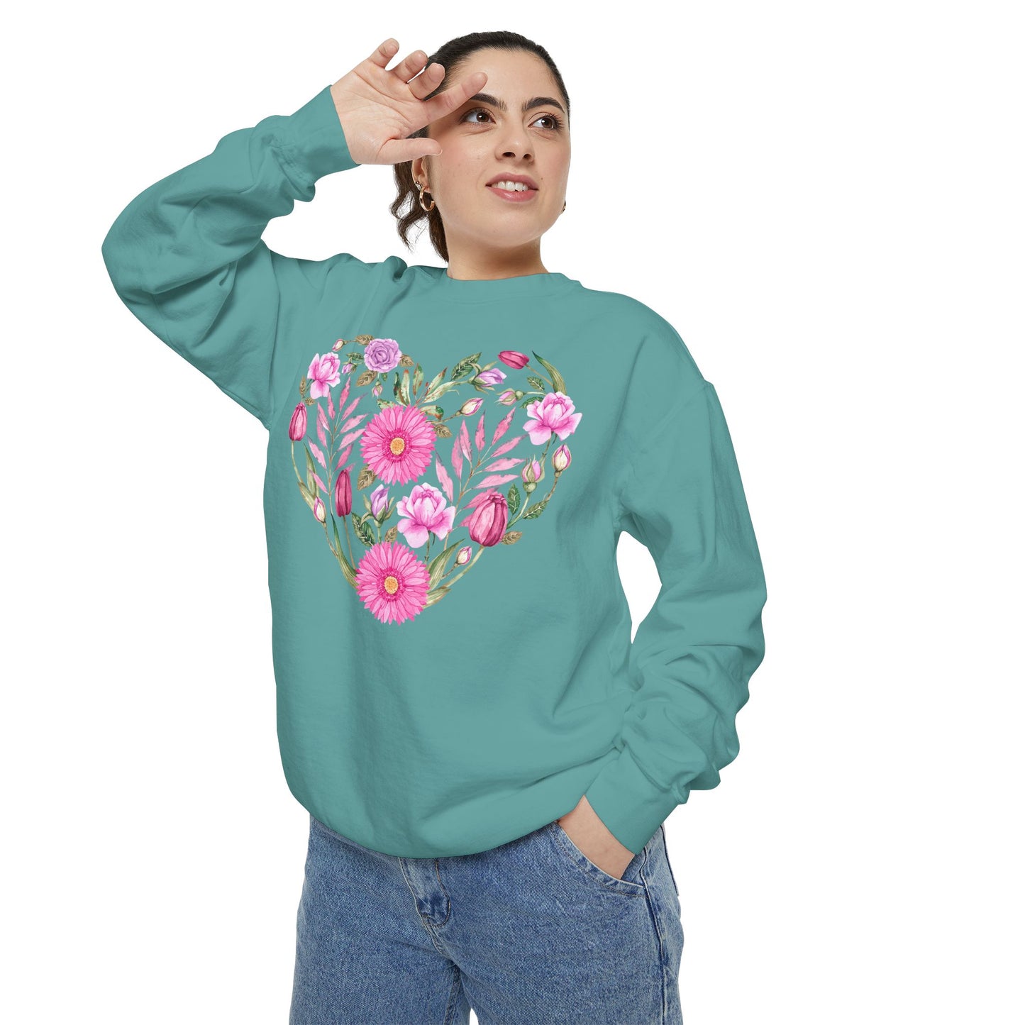 Pink Flowers Heart - Comfort Colors Sweatshirt