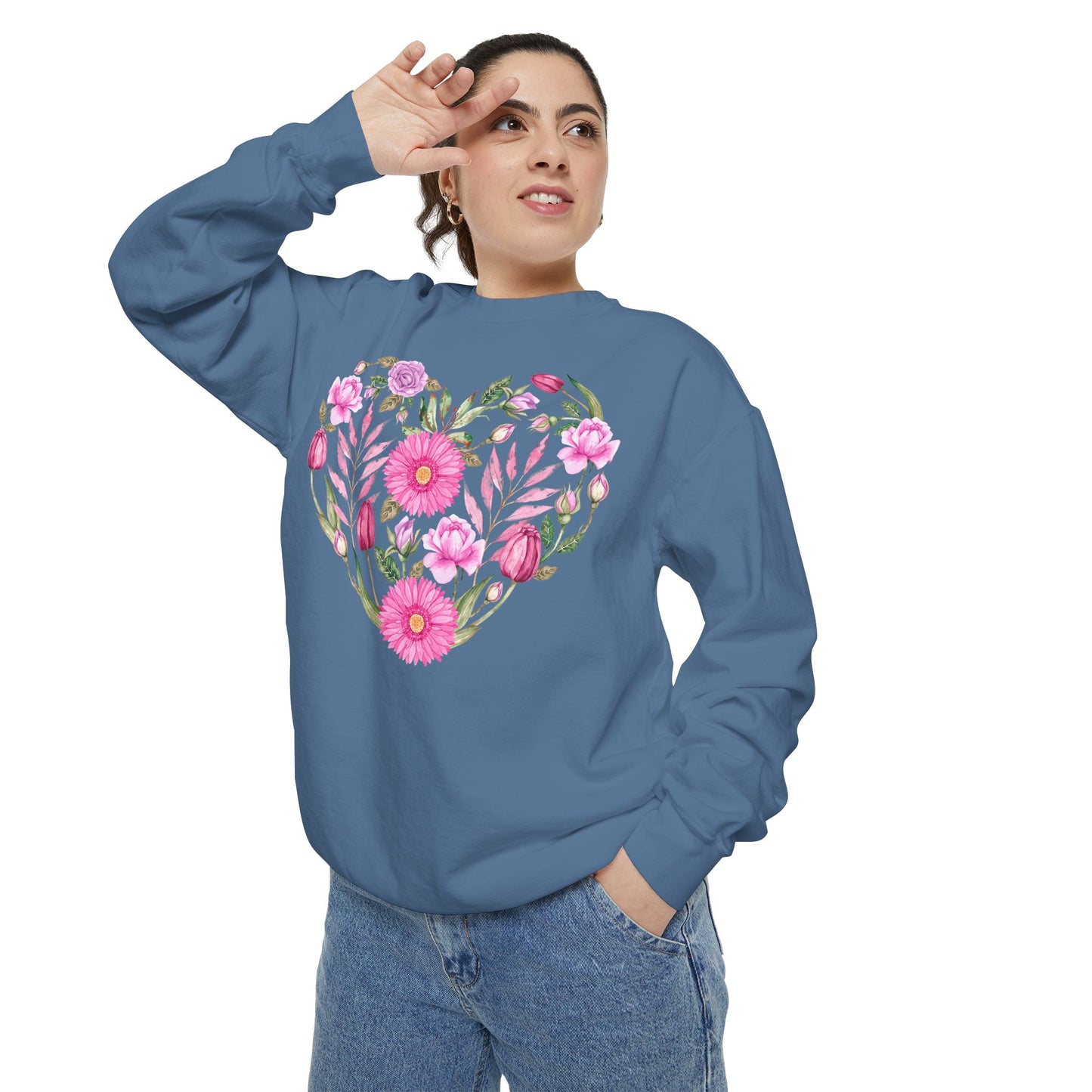 Pink Flowers Heart - Comfort Colors Sweatshirt
